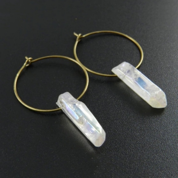 Raw Clear Quartz Crystal Gold Hoop Earrings - Picture 5 of 5